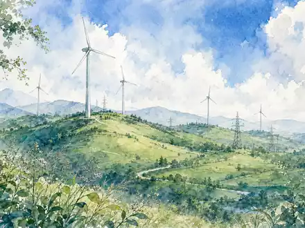 GE Vernova US36268G1022 Windturbinen und Stromleitungen auf grünen Hügeln als Aquarell malerisch dargestellt - Foto: THN