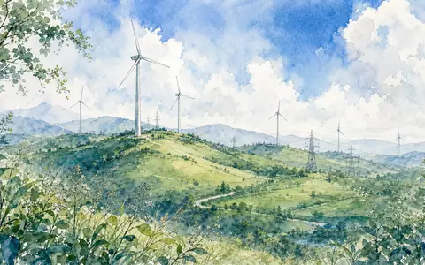 GE Vernova US36268G1022 Windturbinen und Stromleitungen auf grünen Hügeln als Aquarell malerisch dargestellt - Foto: THN