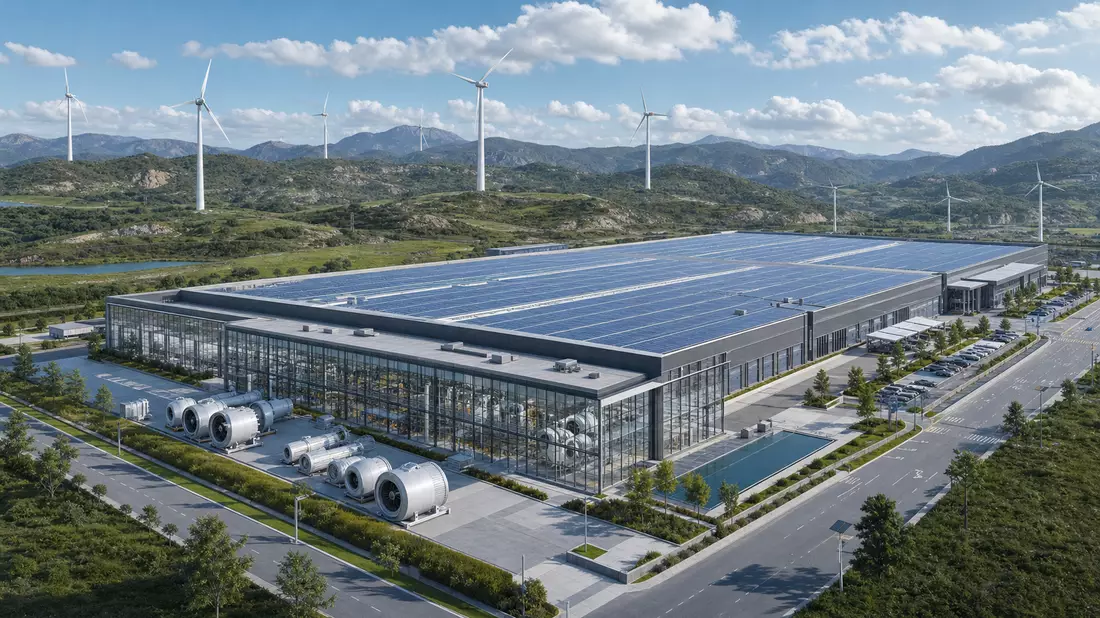 Architektur-CGI eines modernen Energiewerks mit Solardach und Windturbinen in der Umgebung