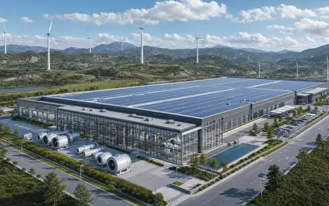 GE Vernova US36268G1022 modernes Produktionswerk mit Solardach und Windturbinen im photorealistischen CGI-Render - Foto: THN