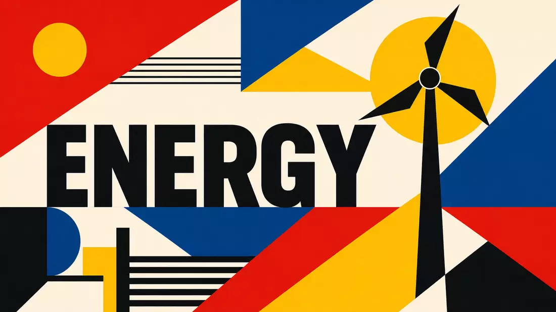 Bauhaus-Poster im Stil der 1920er mit ENERGY-Text, geometrischer Windturbine und Primärfarben
