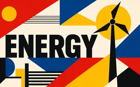 GE Vernova US36268G1022 als geometrisches Bauhaus Poster mit fettem ENERGY Text und Windturbinen - Foto: THN