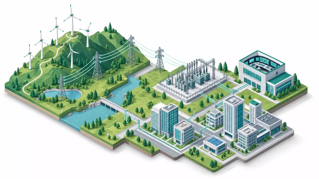 Isometrische 3D-Illustration der Energiekette: Windpark, Stromnetz, Umspannwerk, Stadtversorgung