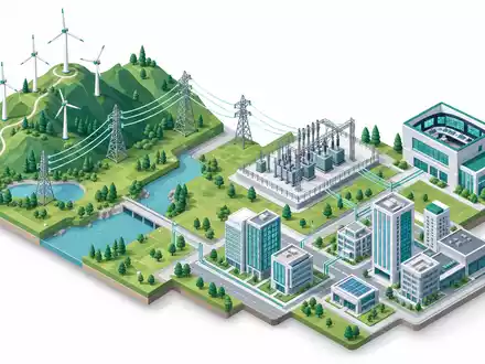 GE Vernova US36268G1022 Wertschöpfungskette isometrisch visualisiert von Windpark über Umspannwerk bis Stadtversorgung - Foto: THN