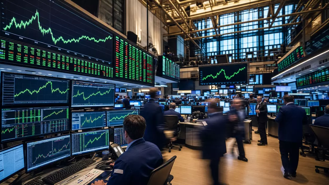 Redaktionelles Foto des NYSE-Börsensaals mit Händlern und grünen Energie-Kursdiagrammen