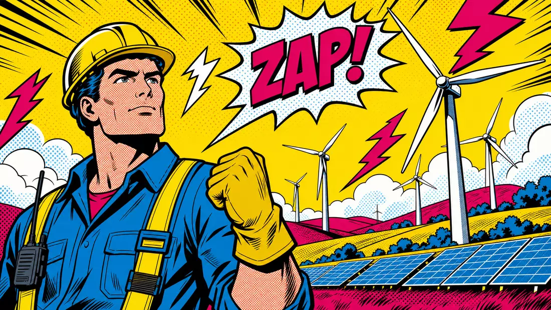 Pop-Art-Comic im Lichtenstein-Stil: Energietechniker als Held vor Windturbinen mit ZAP-Sprechblase