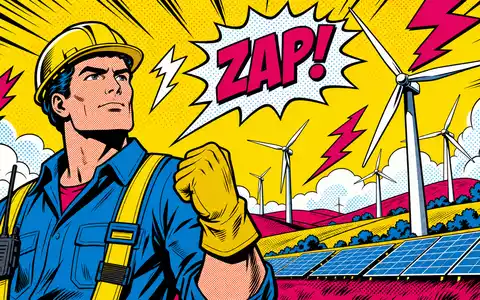 GE Vernova US36268G1022 Energietechniker als Pop-Art-Held vor Windturbinen und Sonnenkollektoren im Comicstil - Foto: THN