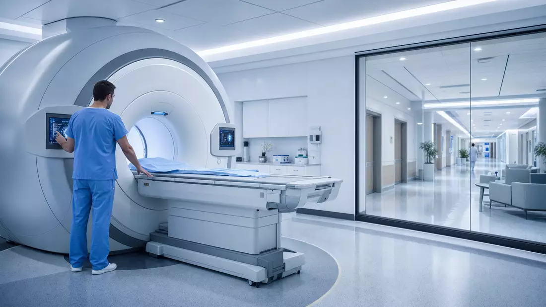 Techniker bedient MRT-Scanner in hellem Krankenhaus-Untersuchungsraum mit Flurblick