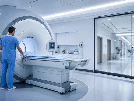GE HealthCare US36266G1076 zeigt einen modernen MRT-Scanner im hellen klinischen Krankenhaus mit Techniker - Foto: THN