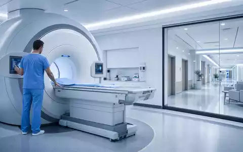 GE HealthCare US36266G1076 zeigt einen modernen MRT-Scanner im hellen klinischen Krankenhaus mit Techniker - Foto: THN