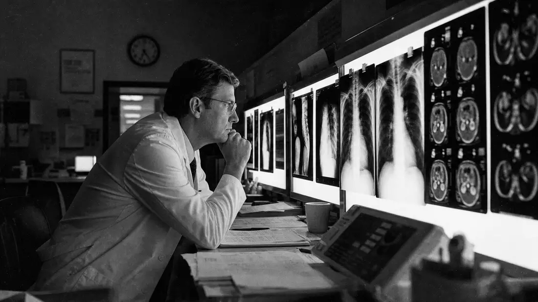 Schwarzweiß-Reportage: Arzt analysiert Röntgenaufnahmen in dunklem Radiologie-Leseraum