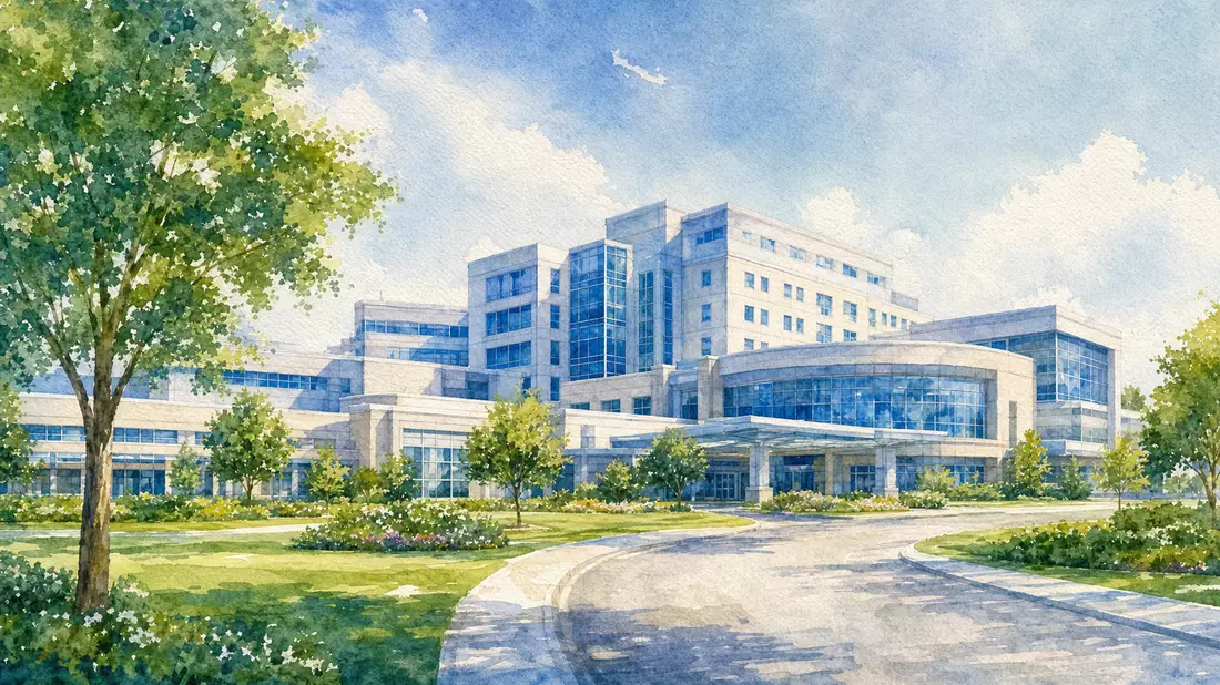 Aquarellmalerei eines großen modernen Krankenhauses mit Glasfassade und grüner Umgebung