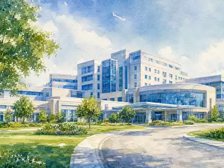 GE HealthCare US36266G1076 als Aquarell eines modernen Krankenhauscampus mit Bäumen und blauem Himmel - Foto: THN