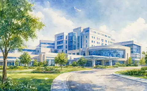 GE HealthCare US36266G1076 als Aquarell eines modernen Krankenhauscampus mit Bäumen und blauem Himmel - Foto: THN