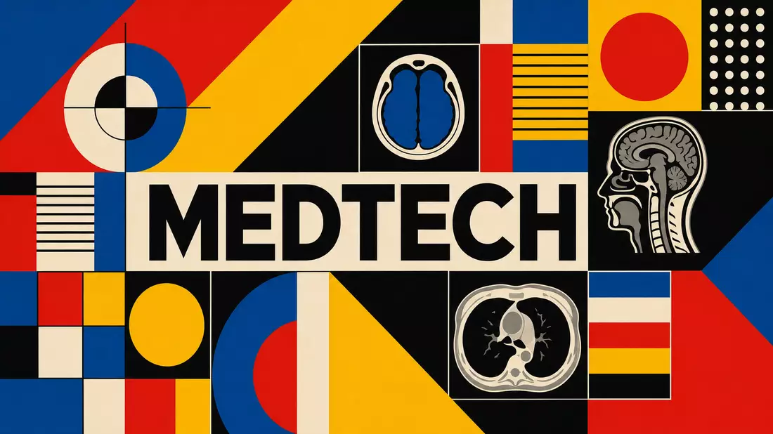 Bauhaus-Grafikposter mit Primärfarben, geometrischen Formen und zentralem MEDTECH-Text