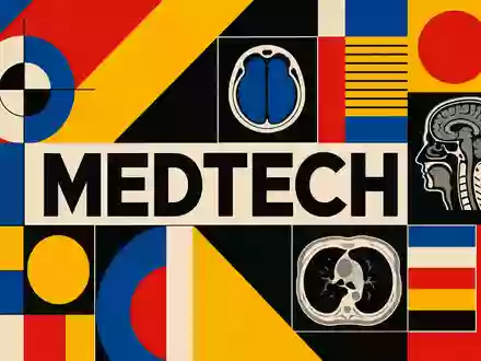 GE HealthCare US36266G1076 als Bauhaus Poster mit geometrischen Primärfarben-Formen und zentralem MEDTECH Schriftzug - Foto: THN