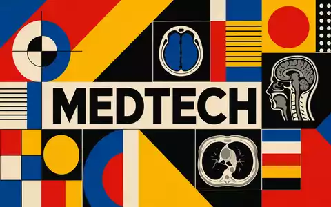 GE HealthCare US36266G1076 als Bauhaus Poster mit geometrischen Primärfarben-Formen und zentralem MEDTECH Schriftzug - Foto: THN