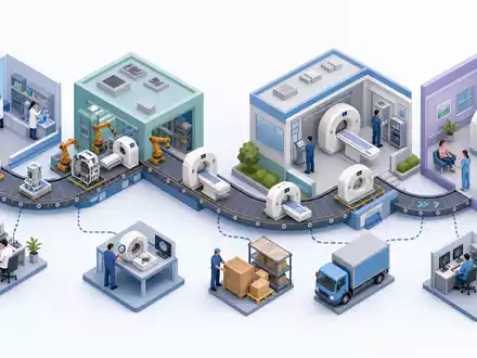 GE HealthCare US36266G1076 als isometrisches 3D Diagramm der medizintechnischen Wertschöpfungskette von Forschung bis Patient - Foto: THN