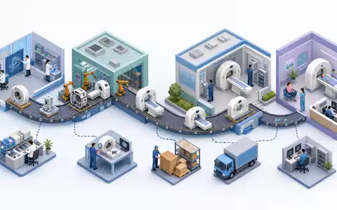 GE HealthCare US36266G1076 als isometrisches 3D Diagramm der medizintechnischen Wertschöpfungskette von Forschung bis Patient - Foto: THN