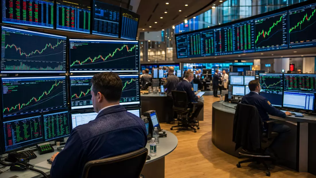 Händler am NASDAQ-Handelsparkett mit mehreren Bildschirmen voller grüner Kurscharts