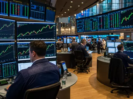 GE HealthCare US36266G1076 Börsen-Editorial: NASDAQ Handelsraum mit Healthcare Sektor Charts auf zahlreichen Monitoren - Foto: THN