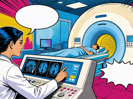 GE HealthCare US36266G1076 als Pop-Art-Comic mit Ärztin am MRT und bunten Rastermustern - Foto: THN