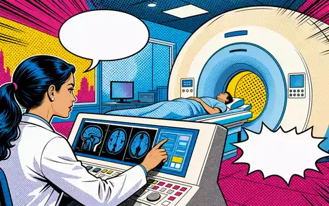 GE HealthCare US36266G1076 als Pop-Art-Comic mit Ärztin am MRT und bunten Rastermustern - Foto: THN