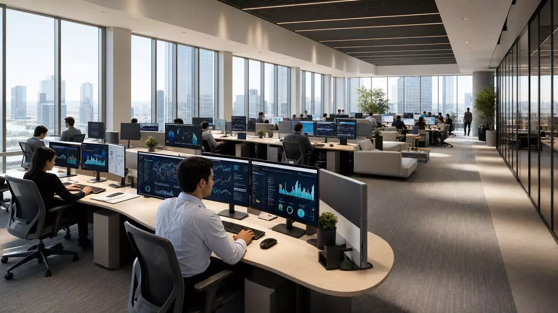 Modernes IT-Research-Büro von Gartner Inc. mit Analysten an Monitoren und Stadtpanorama