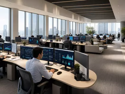 Gartner Inc. IT-Research-Büro mit Analysten an Datendisplays und Stadtpanorama, ISIN US3666511072, modernes Großraumbüro - Foto: THN