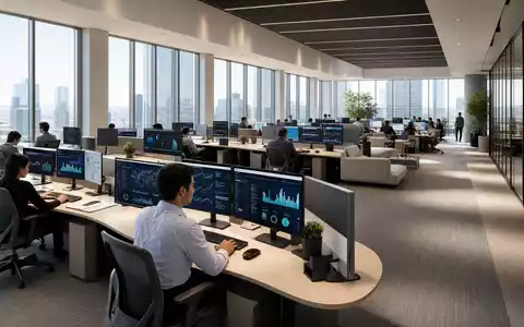 Gartner Inc. IT-Research-Büro mit Analysten an Datendisplays und Stadtpanorama, ISIN US3666511072, modernes Großraumbüro - Foto: THN