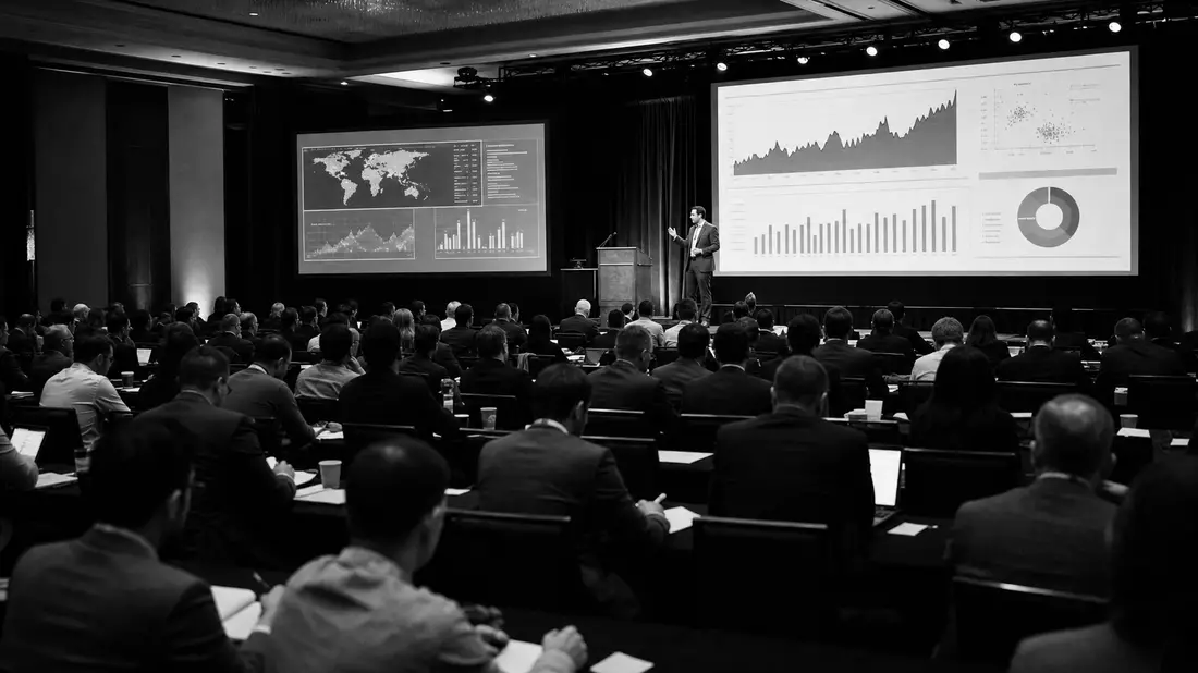 Dokumentarische SW-Aufnahme einer Gartner-Inc.-Technologiekonferenz mit Analyst am Rednerpult