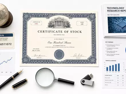 Gartner Inc. Flatlay mit Aktienzertifikat, ISIN-Karte US3666511072, Forschungsberichten und Analysewerkzeugen auf Weiß - Foto: THN