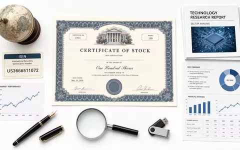 Gartner Inc. Flatlay mit Aktienzertifikat, ISIN-Karte US3666511072, Forschungsberichten und Analysewerkzeugen auf Weiß - Foto: THN