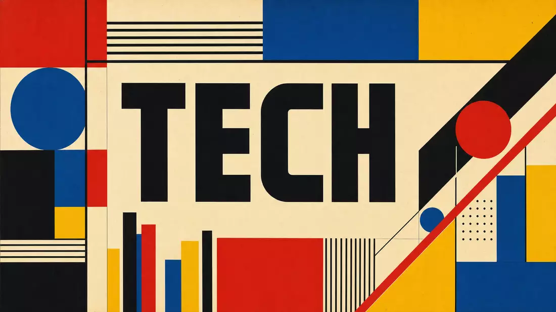 Bauhaus-Poster für Gartner-Inc.-IT-Sektor mit primärfarbigen Geometrien und TECH-Blocktypografie