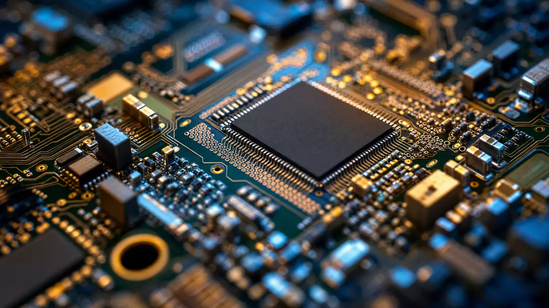 Extreme Makroaufnahme eines Prozessor-Chips mit goldenen Leiterbahnen für die IT-Branche von Gartner Inc