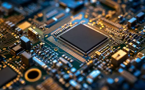 Gartner Inc. IT-Branche im extremen Makro: Prozessor-Chip mit goldenen Kupferleiterbahnen auf grünem Substrat, ISIN US3666511072 - Foto: THN