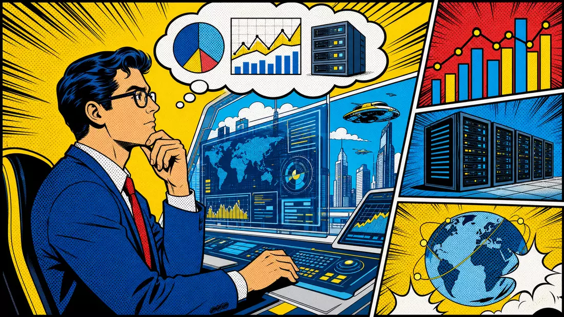 Pop-Art-Comic für Gartner Inc. mit Halbtonpunkten, Analyst an Datenworkstation und Gedankenblase