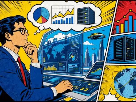 Gartner Inc. IT-Research als bunter Pop-Art-Comic mit Analyst an futuristischer Daten-Workstation, ISIN US3666511072 - Foto: THN