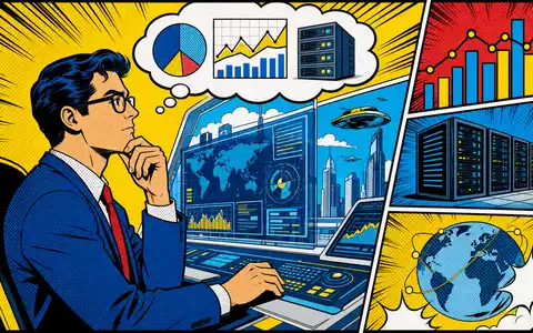 Gartner Inc. IT-Research als bunter Pop-Art-Comic mit Analyst an futuristischer Daten-Workstation, ISIN US3666511072 - Foto: THN