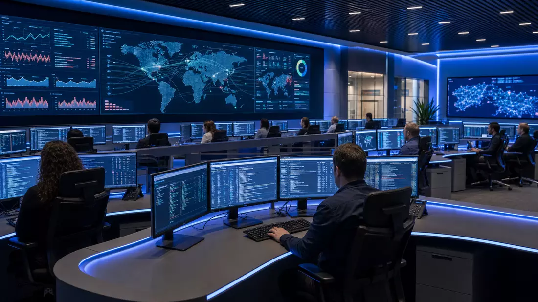 Cybersicherheitszentrum von Gen Digital mit Bedrohungsmonitoren und Analysten