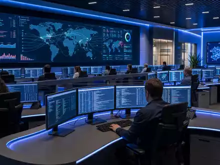 Gen Digital US3687361044 betreibt modernes Cybersicherheits-Operationszentrum mit Analysten und globalen Bedrohungskarten weltweit - Foto: THN
