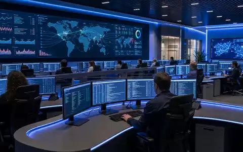 Gen Digital US3687361044 betreibt modernes Cybersicherheits-Operationszentrum mit Analysten und globalen Bedrohungskarten weltweit - Foto: THN