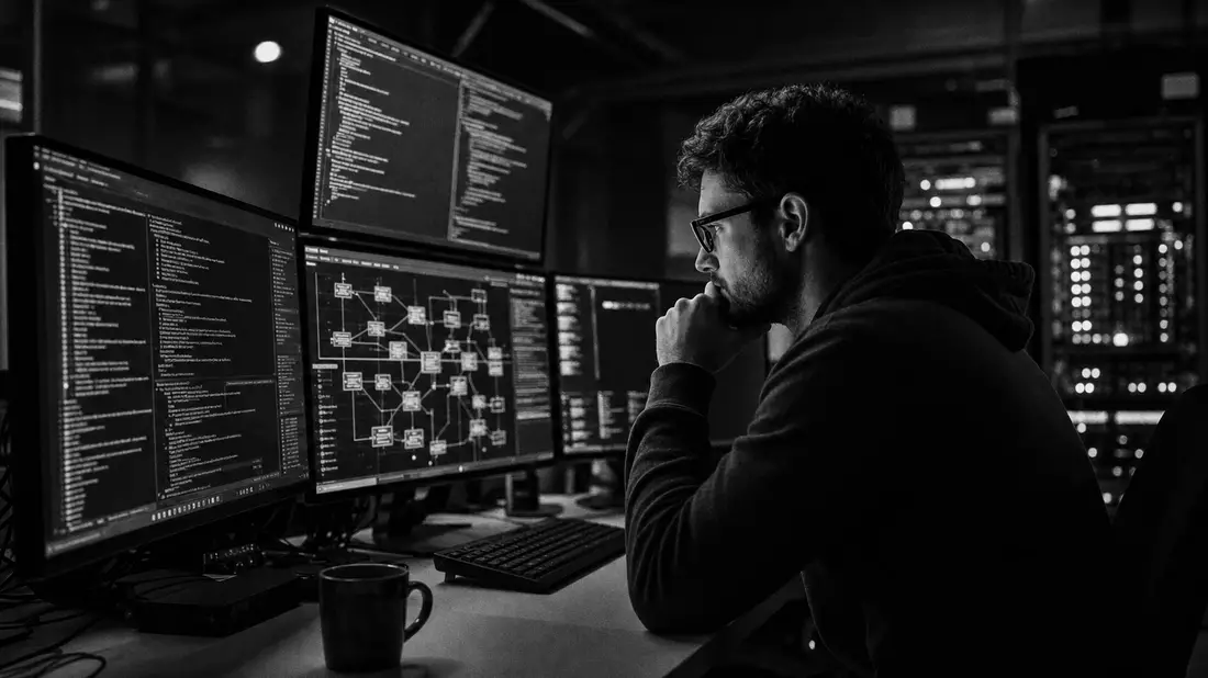 Schwarzweiß-Reportage: Entwickler bei Gen Digital vor Code-Monitoren im Serverraum