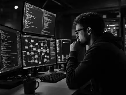 Gen Digital US3687361044 Ingenieur analysiert Code und Netzwerkdiagramme in dokumentarischer Schwarzweiß-Reportage im Serverraum - Foto: THN