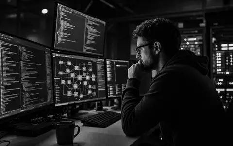 Gen Digital US3687361044 Ingenieur analysiert Code und Netzwerkdiagramme in dokumentarischer Schwarzweiß-Reportage im Serverraum - Foto: THN