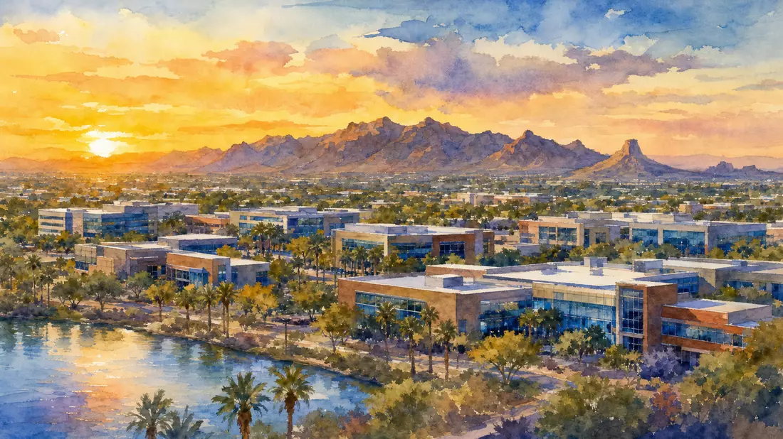 Aquarell-Panorama des Gen Digital Standorts Tempe Arizona mit Bergen und Abendhimmel