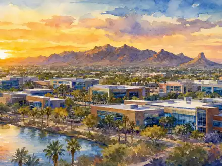 Gen Digital US3687361044 Hauptsitz in Tempe Arizona als Aquarell mit Wüstenlandschaft und Sonnenuntergang - Foto: THN