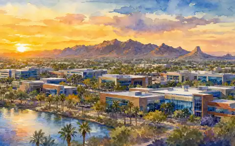Gen Digital US3687361044 Hauptsitz in Tempe Arizona als Aquarell mit Wüstenlandschaft und Sonnenuntergang - Foto: THN