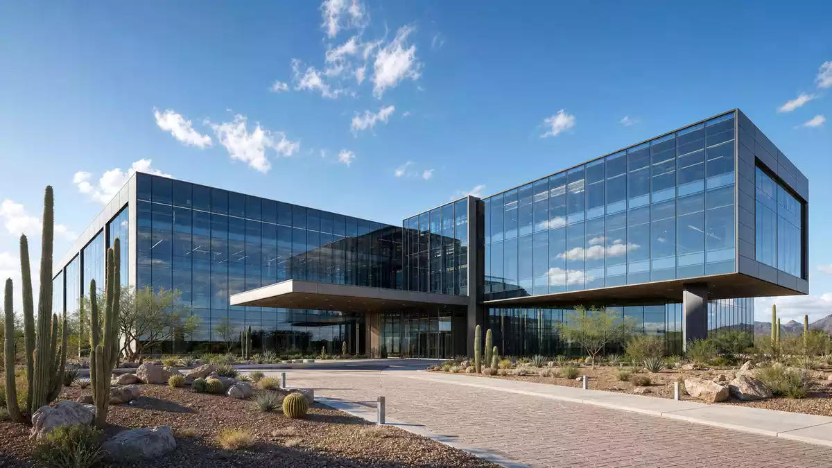 Architektur-Render eines modernen Glasgebäudes im Wüstenstil für Gen Digital