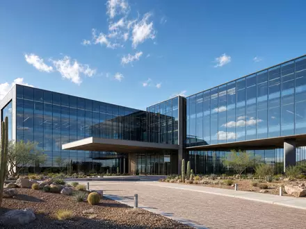 Gen Digital US3687361044 modernes Technologie-Campus-Gebäude als architektonisches CGI-Render mit Wüstenvegetation und Glasfassade - Foto: THN